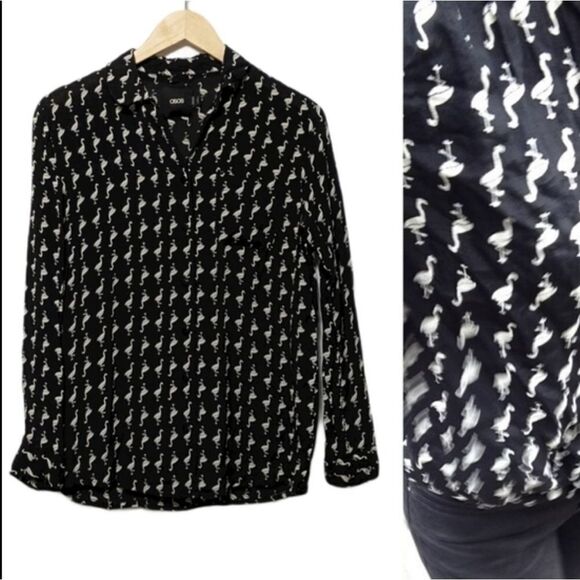 ASOS Black White Flamingo Button Up Shirt 4 - Picture 8 of 8